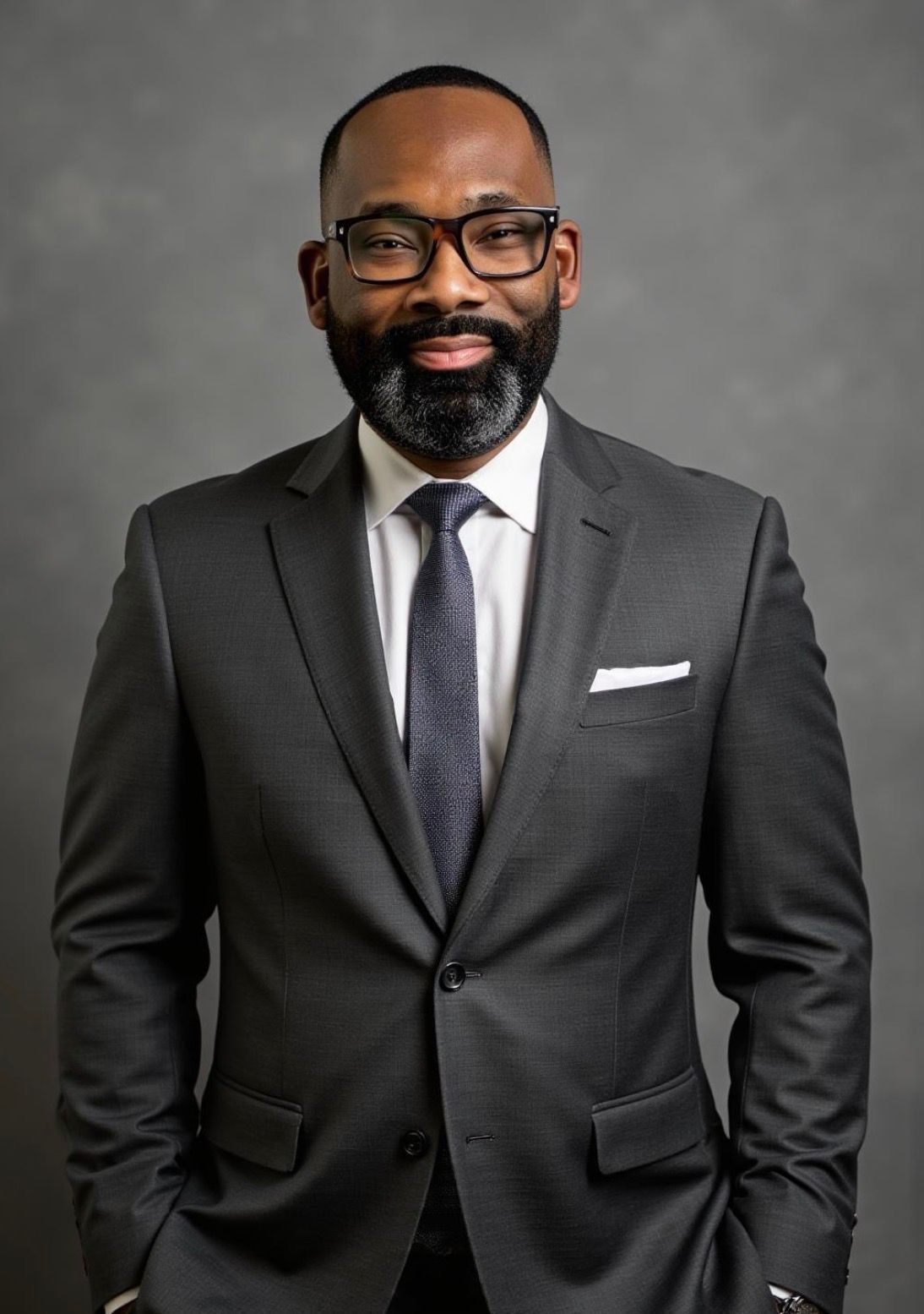A man with a groomed beard and short hair smiles, wearing a suit and tie.