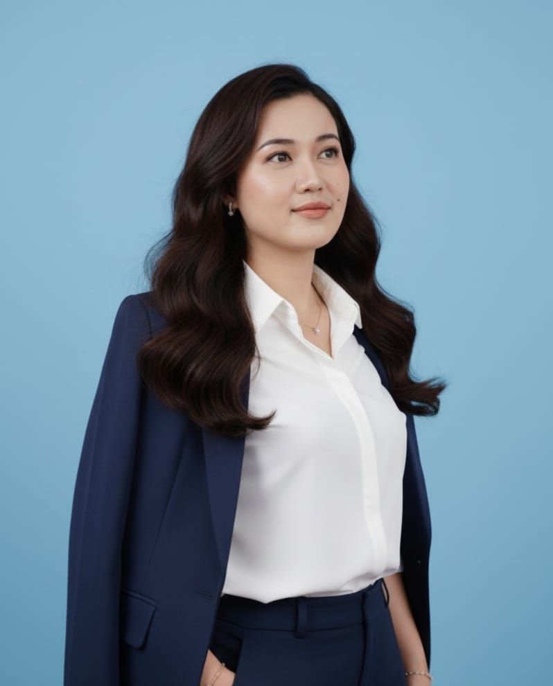 Woman wearing a white shirt and a jeweled headband, smiling with red lipstick.