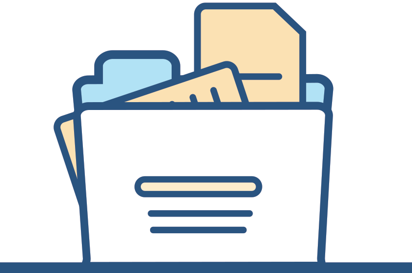 File folder, blue outline, with beige and blue documents inside.