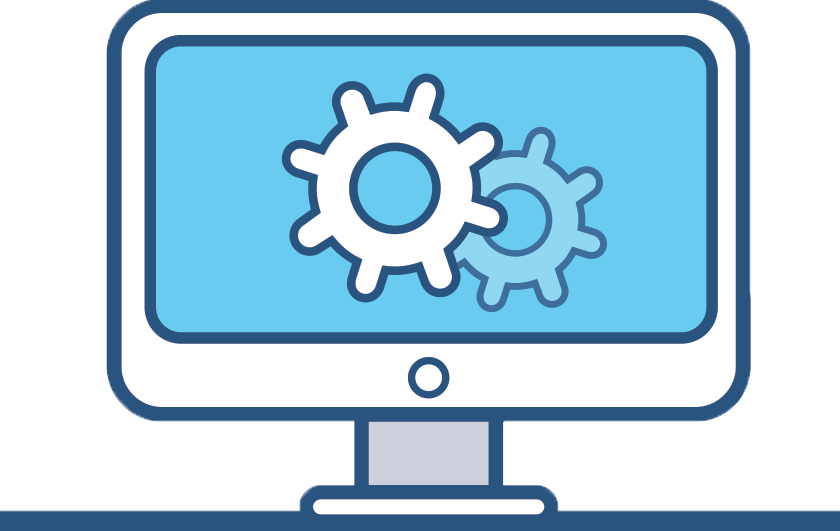 Computer monitor with two gears on the screen, indicating settings or configuration.