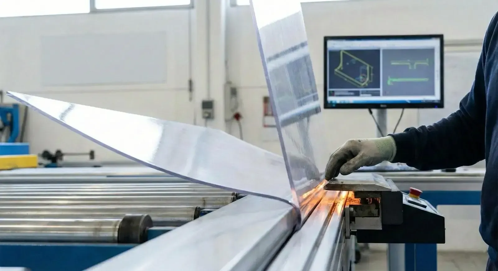 Tecnico esegue la piegatura a freddo di una lastra di policarbonato trasparente in laboratorio contr