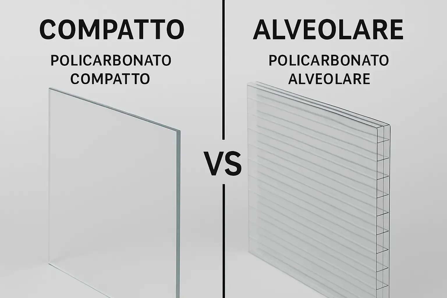 Illustrazione delle strutture del policarbonato compatto (solido) e alveolare (a celle). Guida alla 