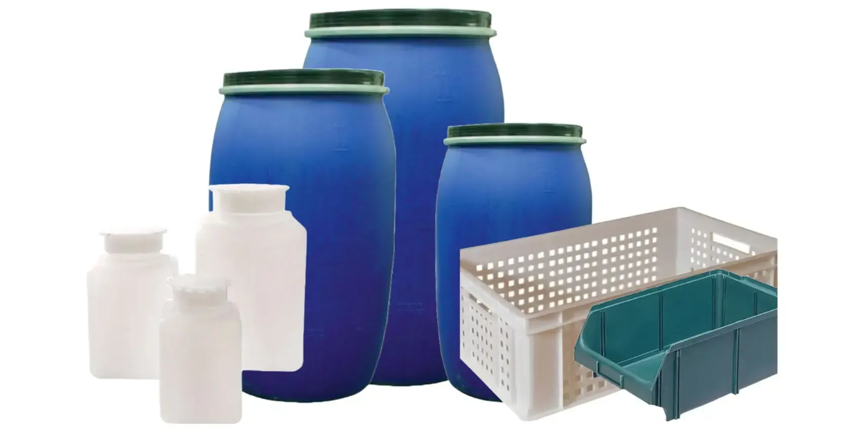 Contenitori in plastica, bottiglie graduate e cestini industriali