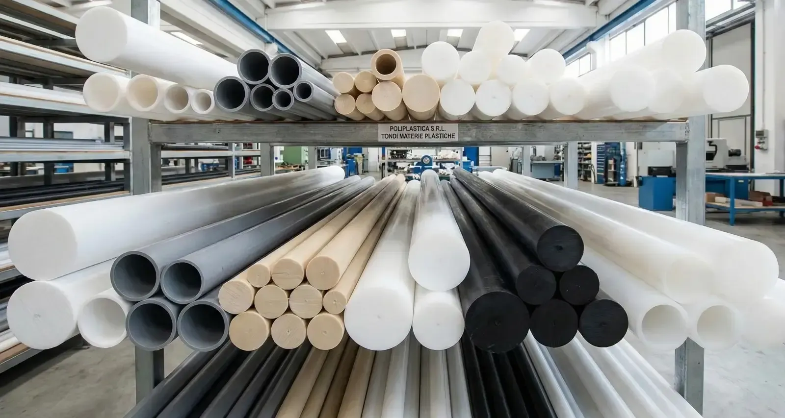 Stock di barre tonde piene in PVC, Nylon, Delrin e Teflon nel magazzino di Poliplastica pronte per l