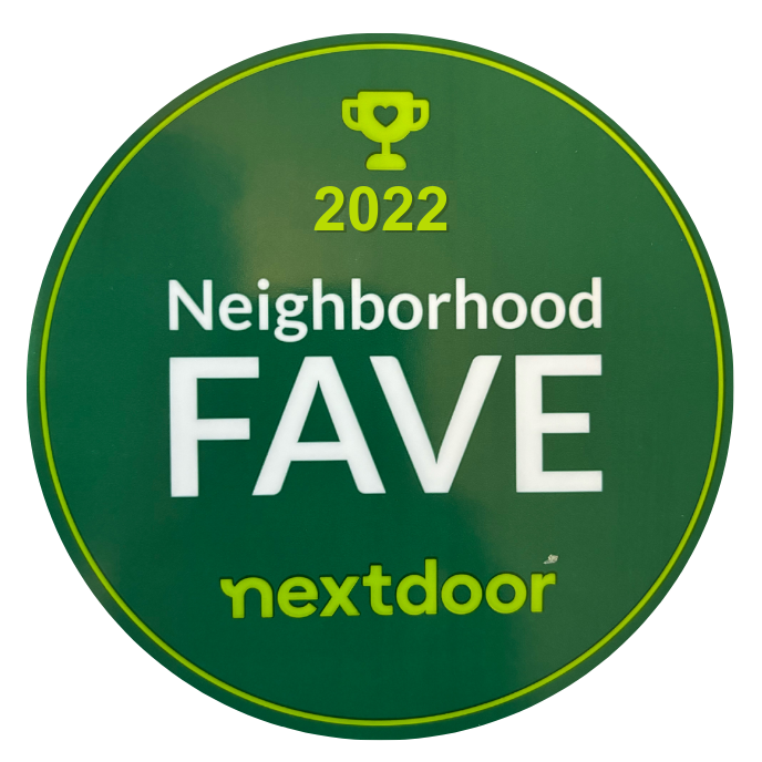 A green sticker that says neighborhood fave nextdoor