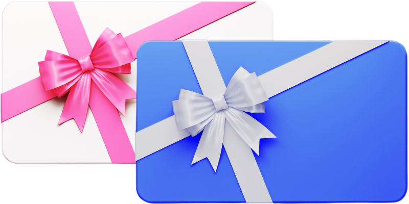 Two gift cards with pink and blue ribbons and bows