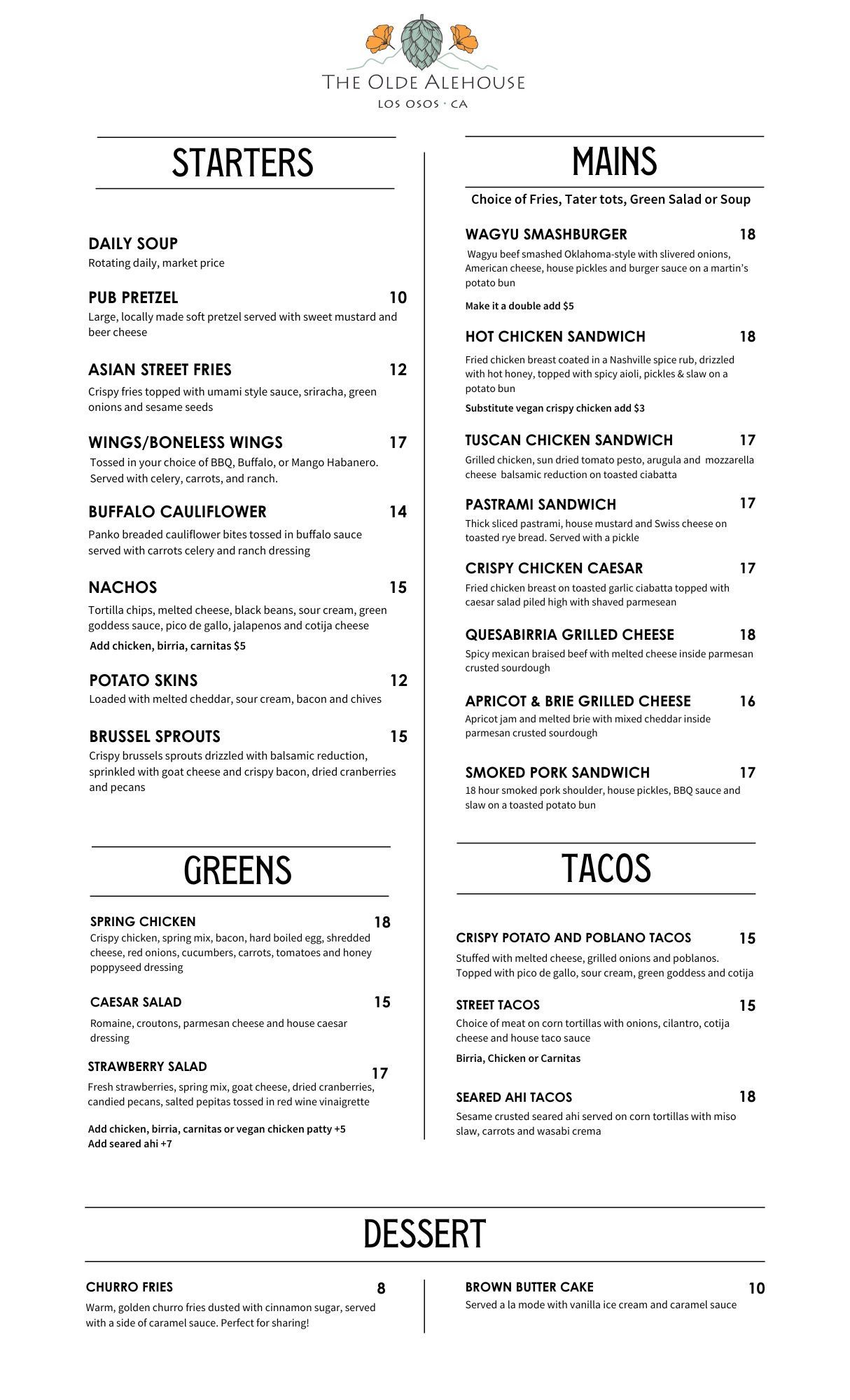 The olde alehouse menu
