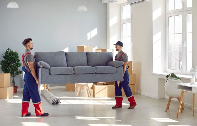 Two movers carrying a gray couch through a bright living room