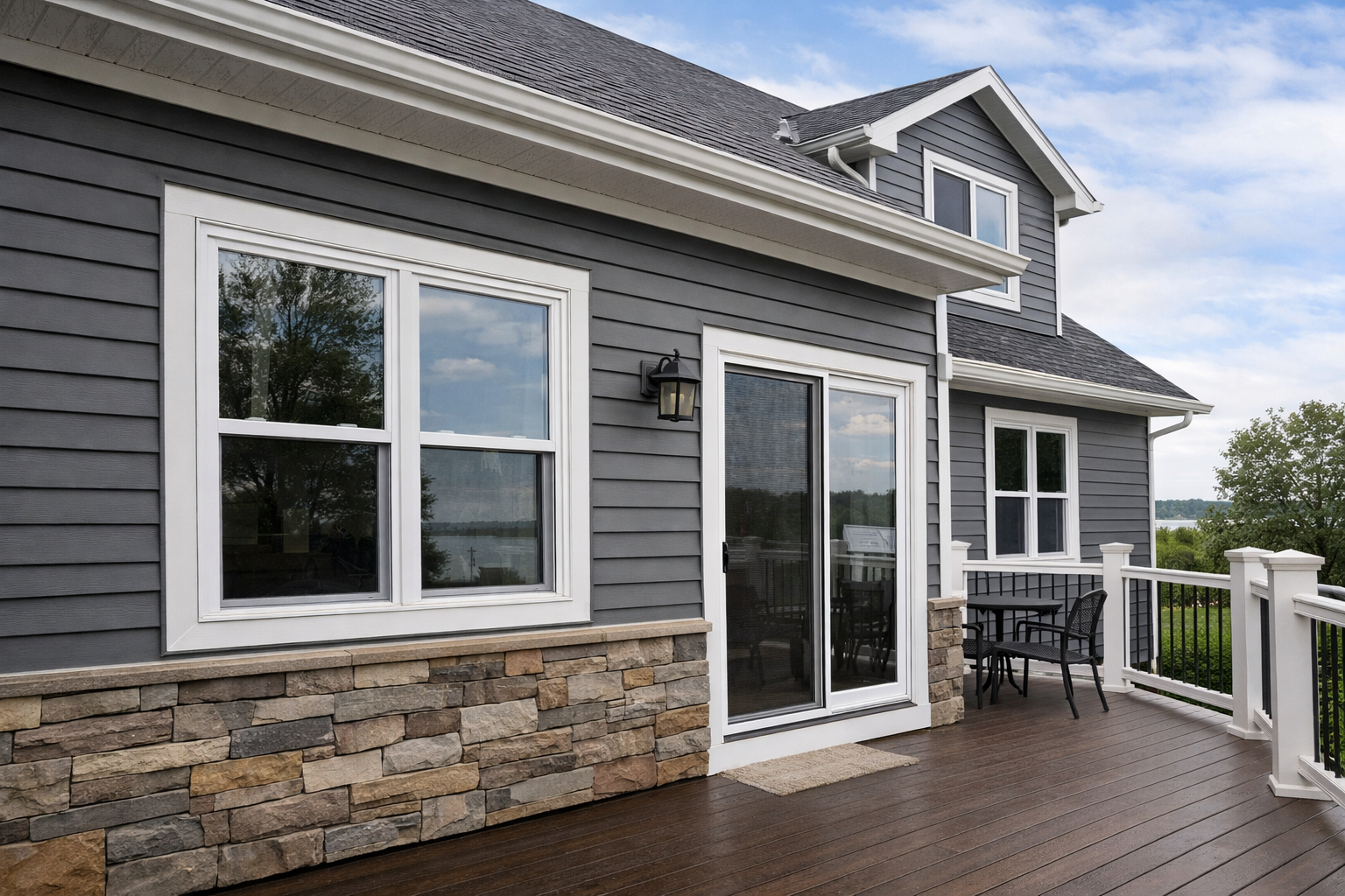 Gray siding and energy-efficient windows on a Bellevue, IA home exterior
