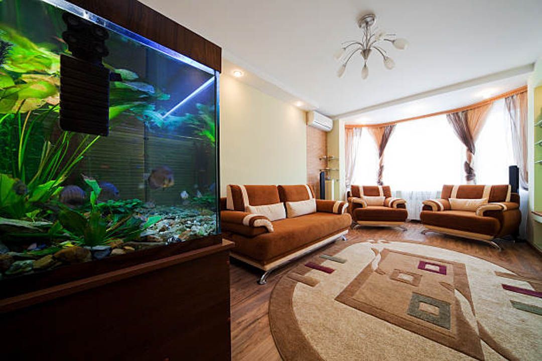 A living room with a couch , chairs , and an aquarium.