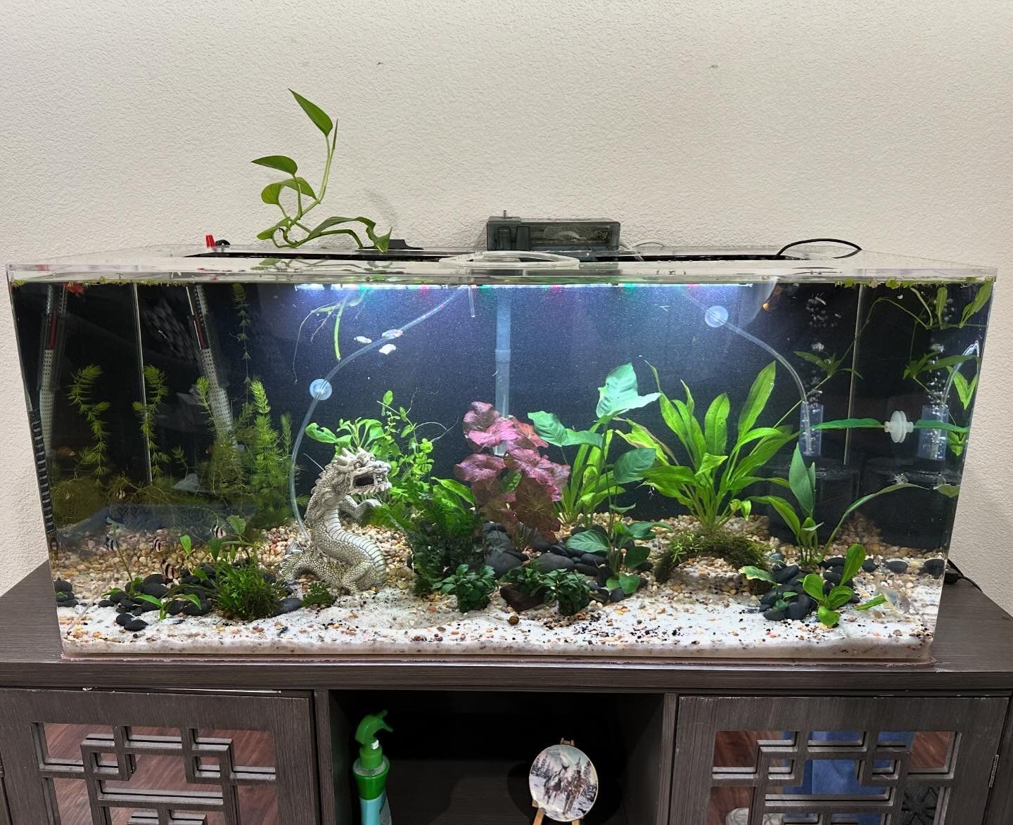 A large fish tank is sitting on top of a wooden entertainment center.