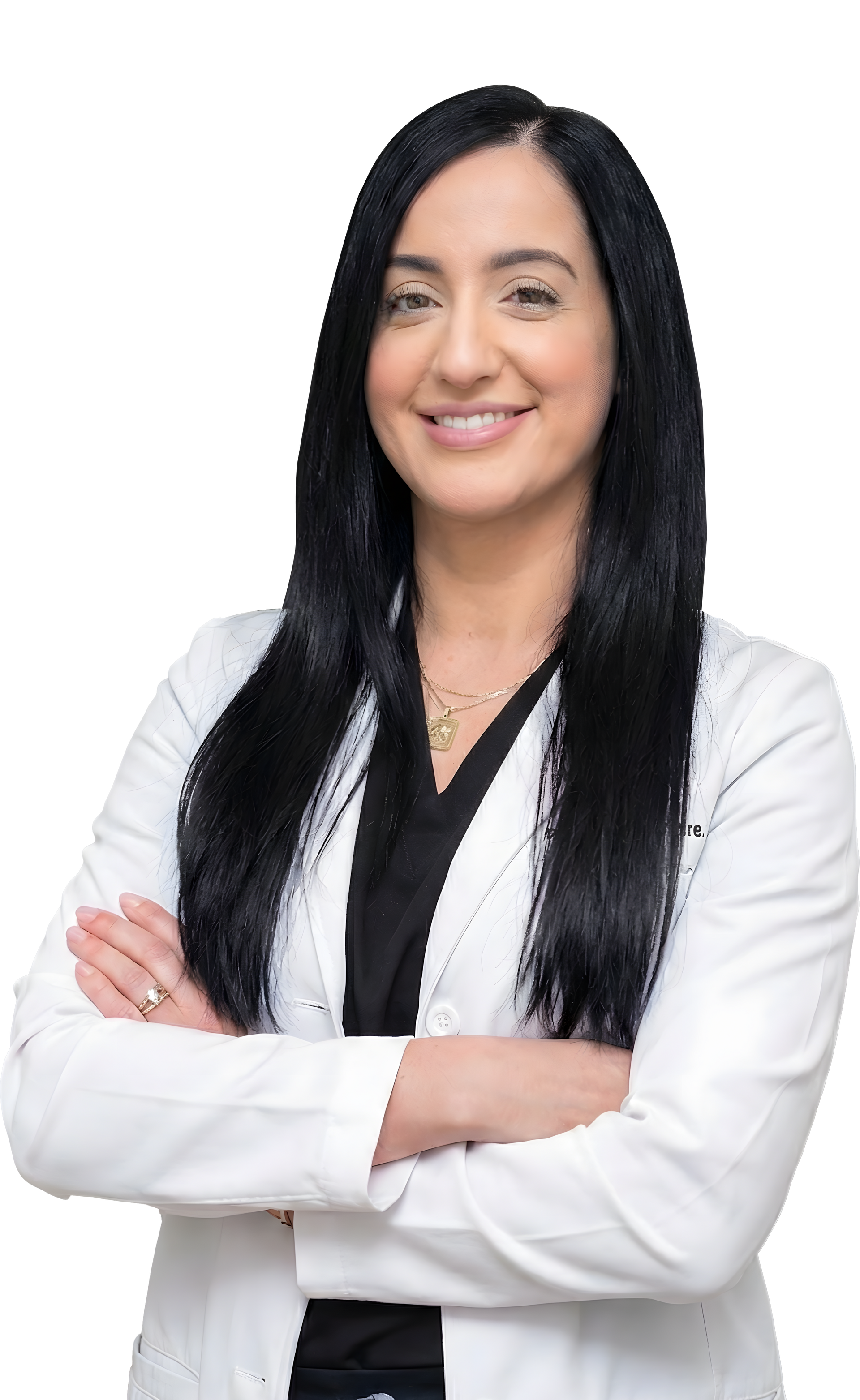 Woman with long black hair, wearing a white lab coat, arms crossed, smiling.