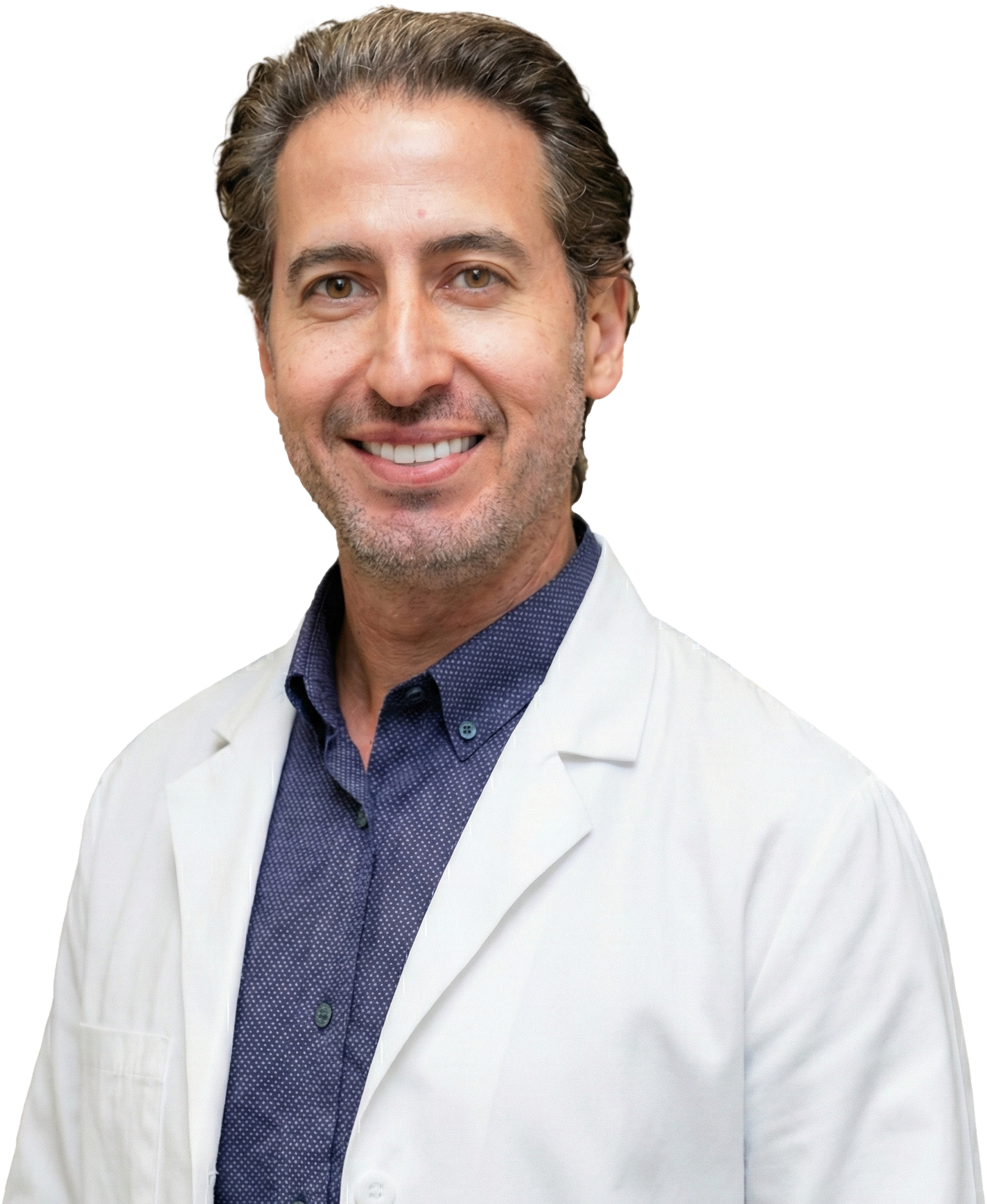 Smiling man in white lab coat, blue shirt; looks like a doctor.