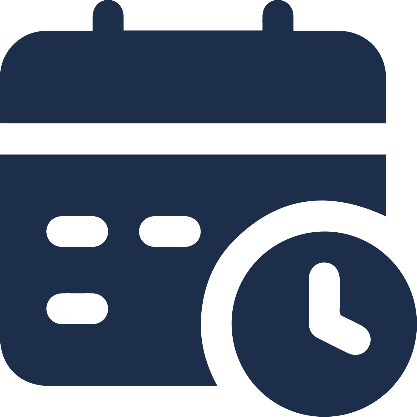 Dark blue calendar with a white clock, indicating time and date.