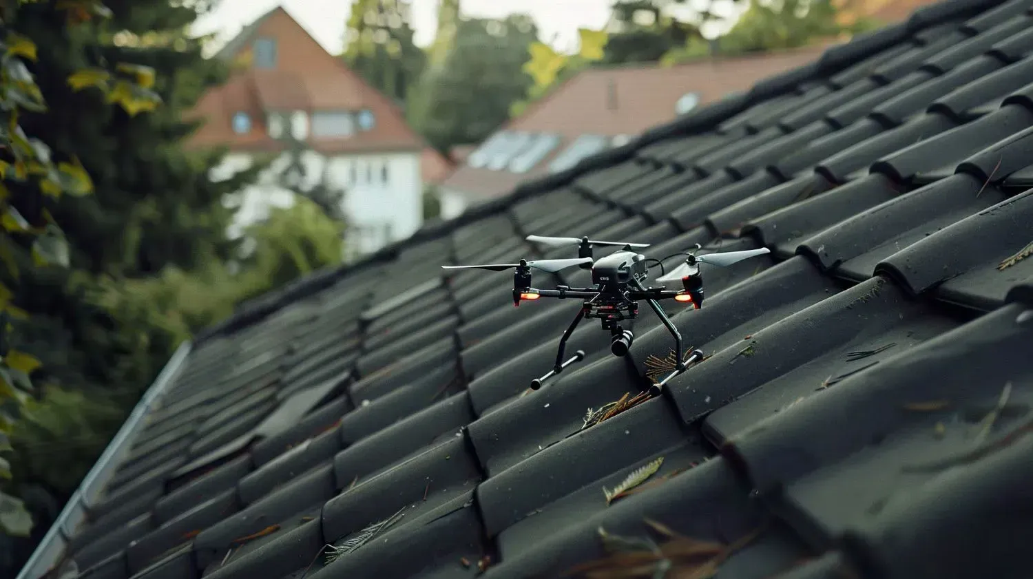 Drone landing on a dark, tiled roof with buildings and trees in the blurred background.