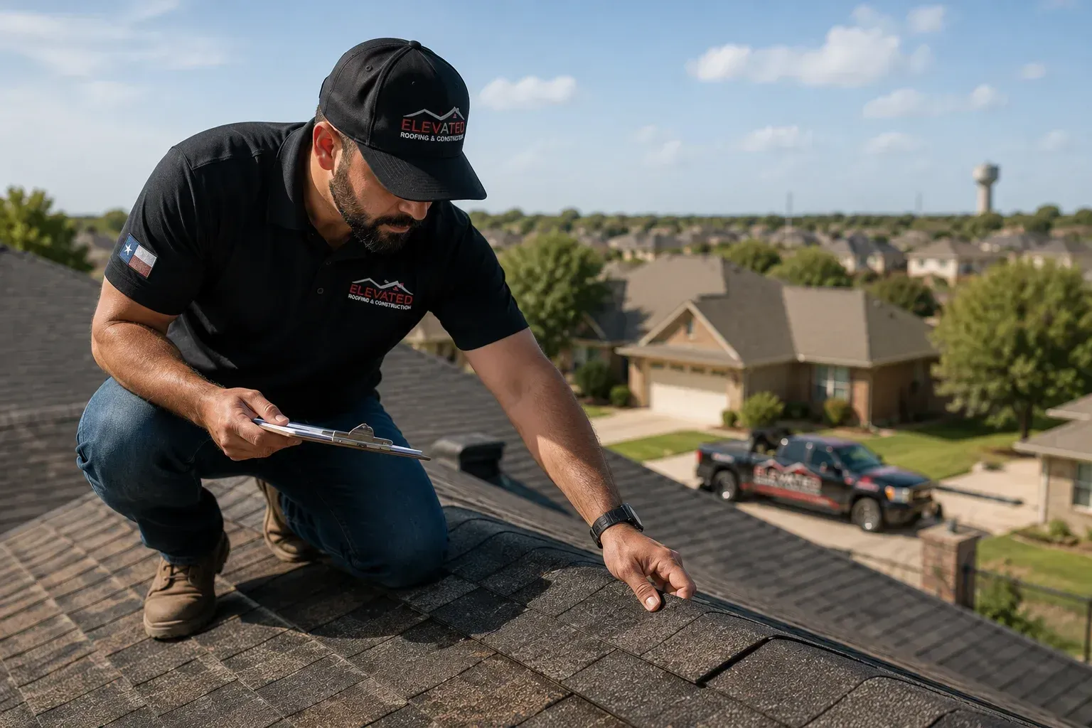 A professional roofer with a clipboard closely inspecting dark asphalt shingles on a residential roof, demonstrating how often should you get a roof inspection to protect your home.