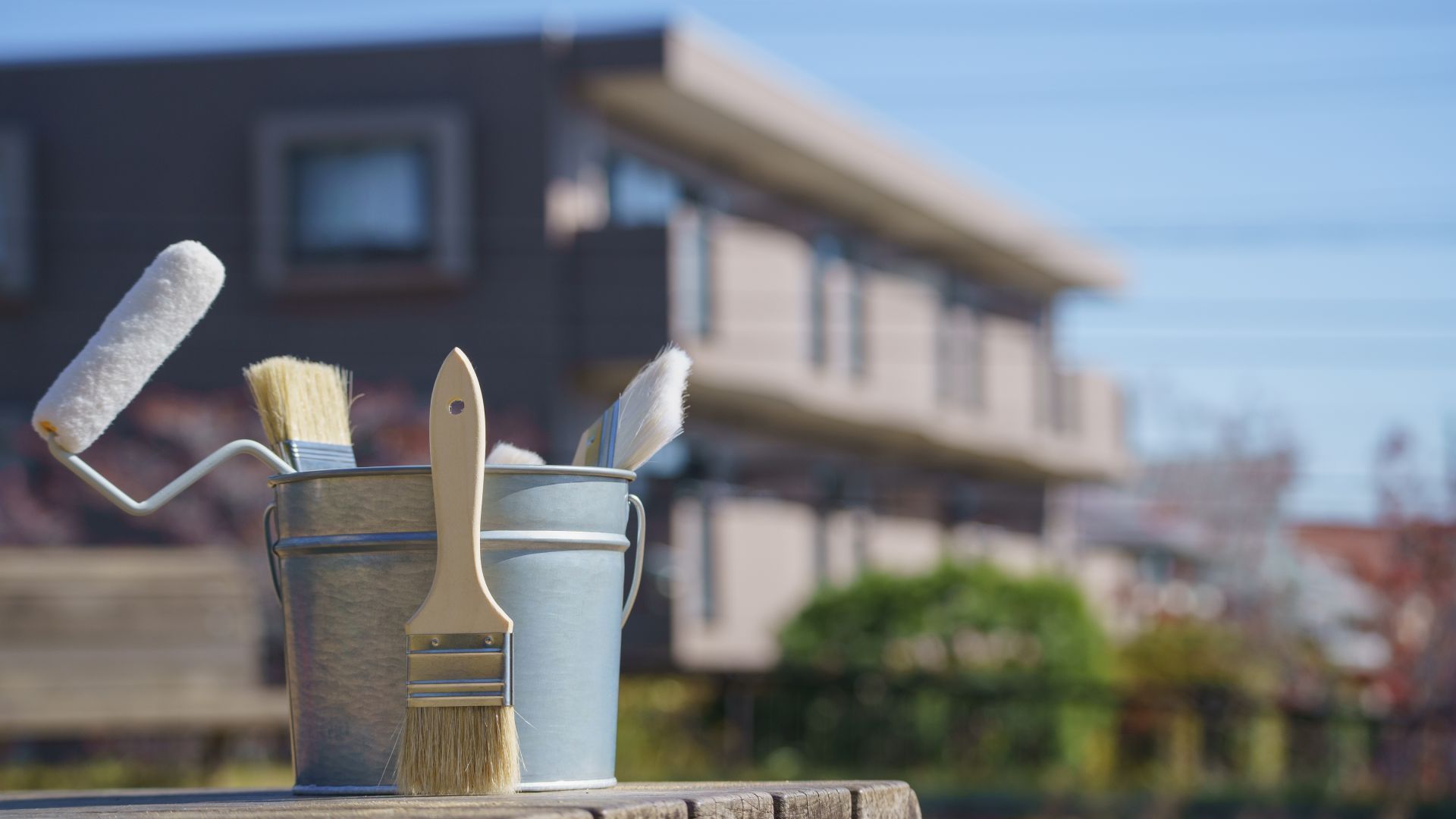 Paintbrushes and roller in buckets, with blurred house in background.