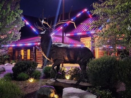 Bronze elk statue in front of a log cabin lit with red and blue lights at night.