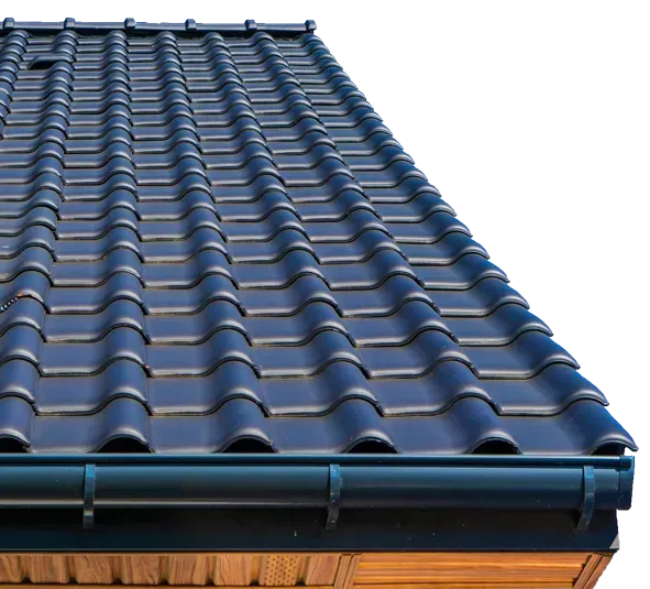 Dark blue tiled roof with matching gutter against a white background.