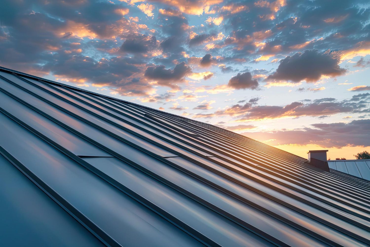 Metal roof reflecting a sunset with orange and blue sky and clouds.