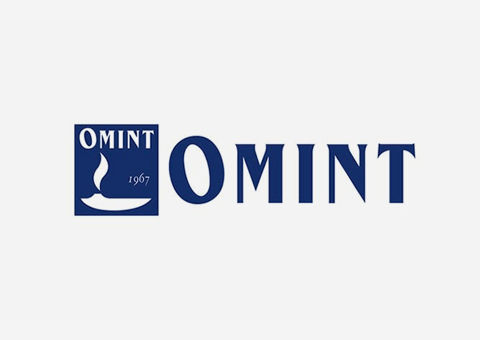 Um logotipo para uma empresa chamada omint em um fundo branco.