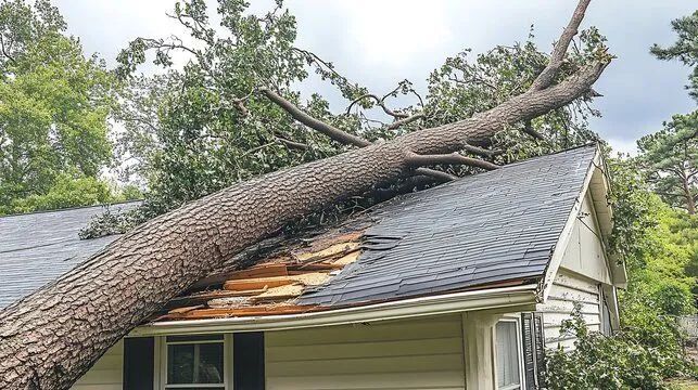 A large tree trunk lies across the roof of a house, causing damage to the shingles.