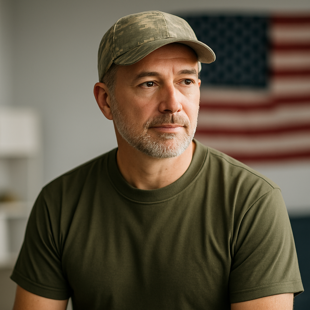 A man wearing a hat and a green shirt is sitting in front of an american flag.