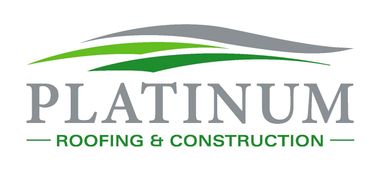 Logo for Platinum Roofing & Construction: gray house outline with green details, a hammer, and company name.