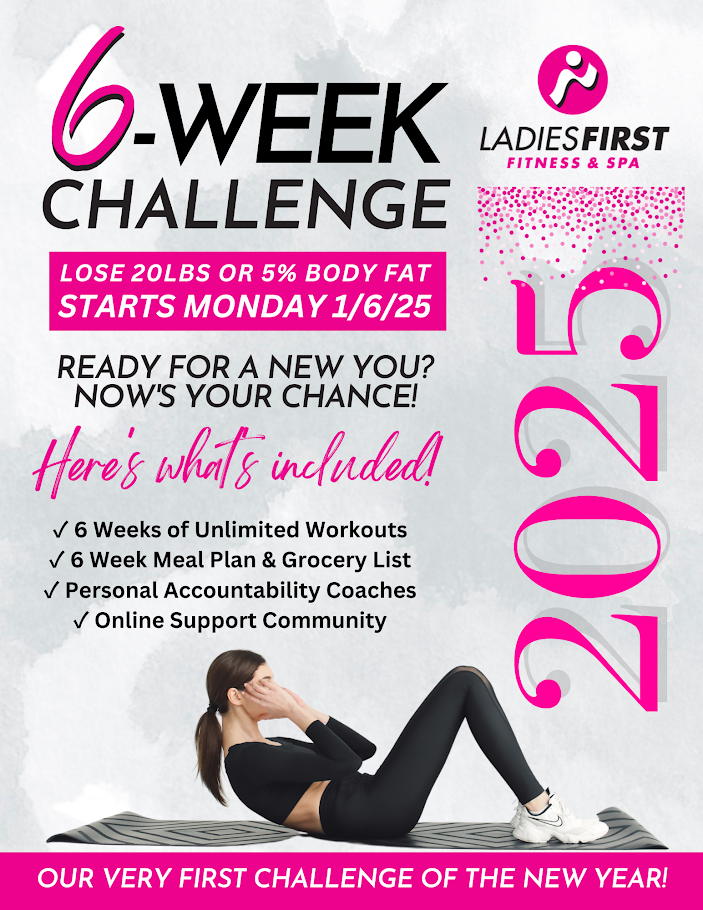 A woman is smiling on a poster for a 6 week transformation challenge.