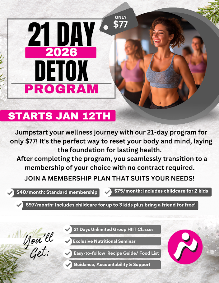 A pink poster for a 21 day detox program