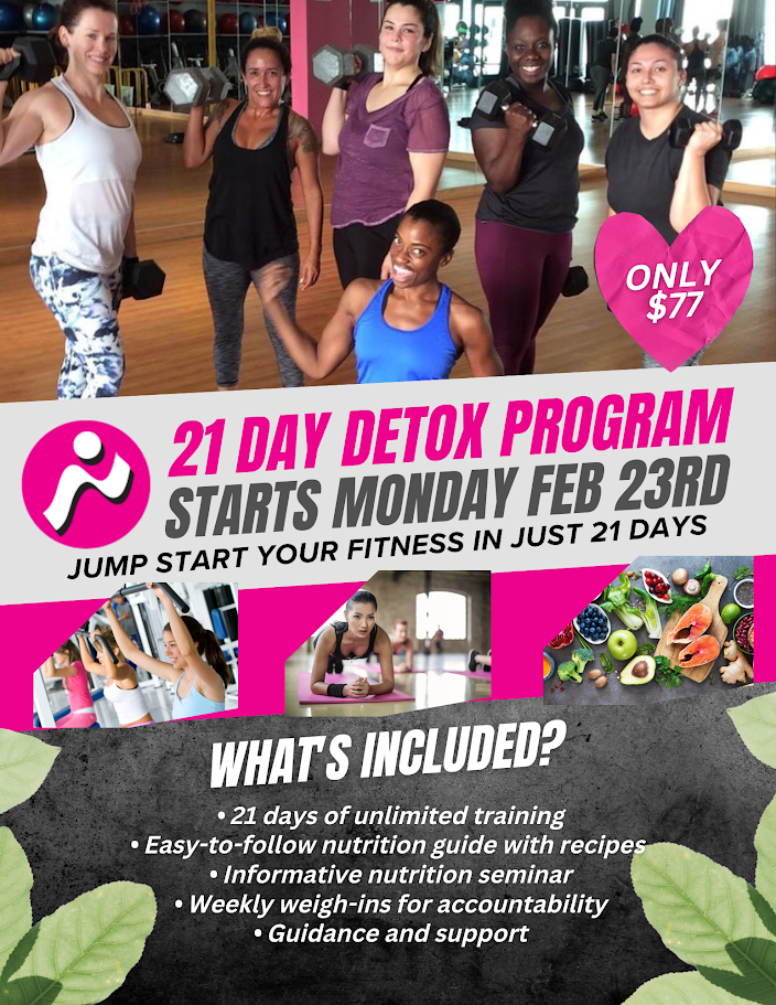 A pink poster for a 21 day detox program