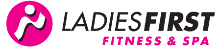 The logo for ladies first fitness and spa is pink and black.