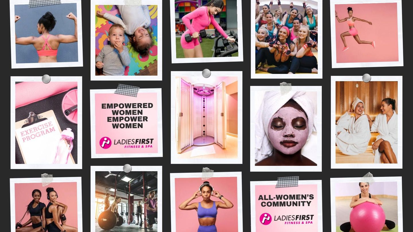 A collage of pictures of people in a gym.