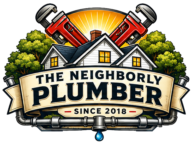 Logo for "The Neighborly Plumber" featuring crossed wrenches, houses, pipes, and a banner with text.