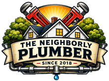 Logo for "The Neighborly Plumber" featuring crossed wrenches, houses, pipes, and a banner with text.
