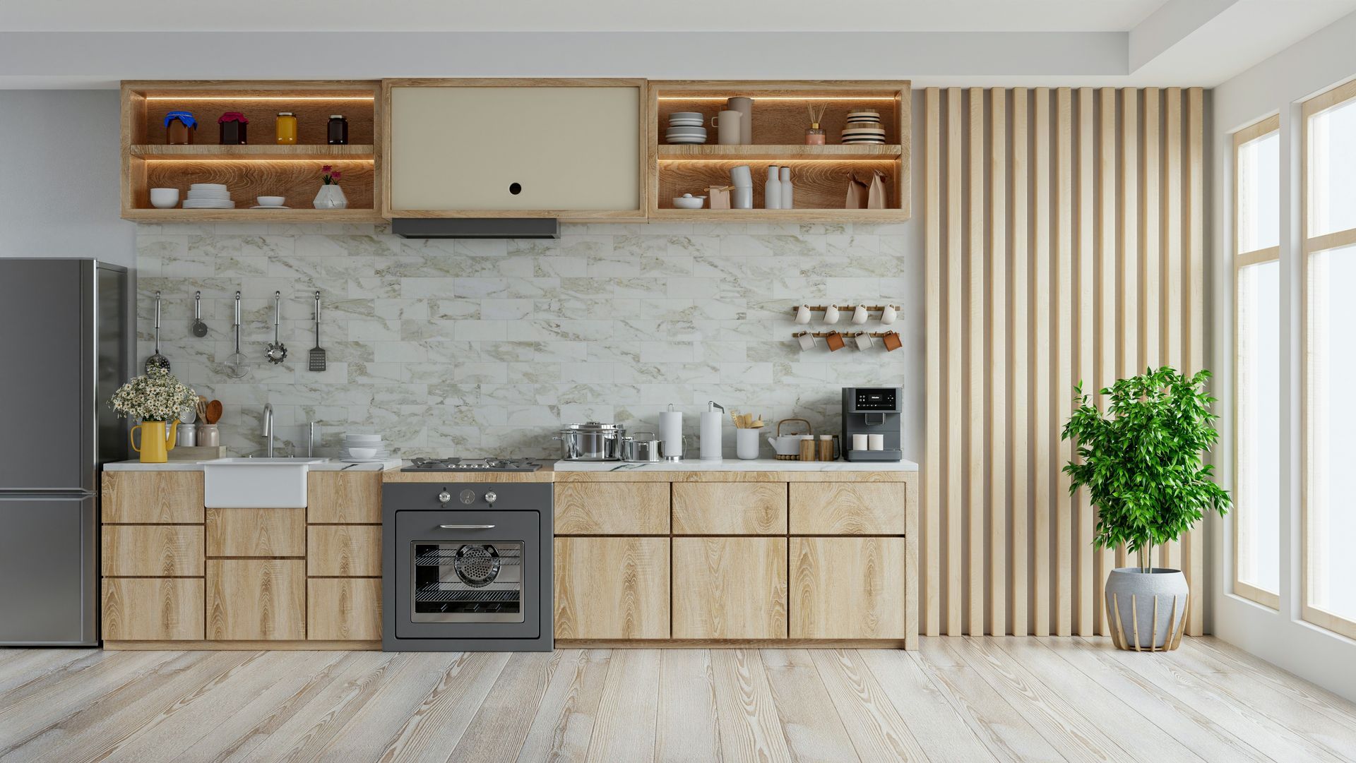 A modern kitchen with wooden cabinets and a marble counter top.