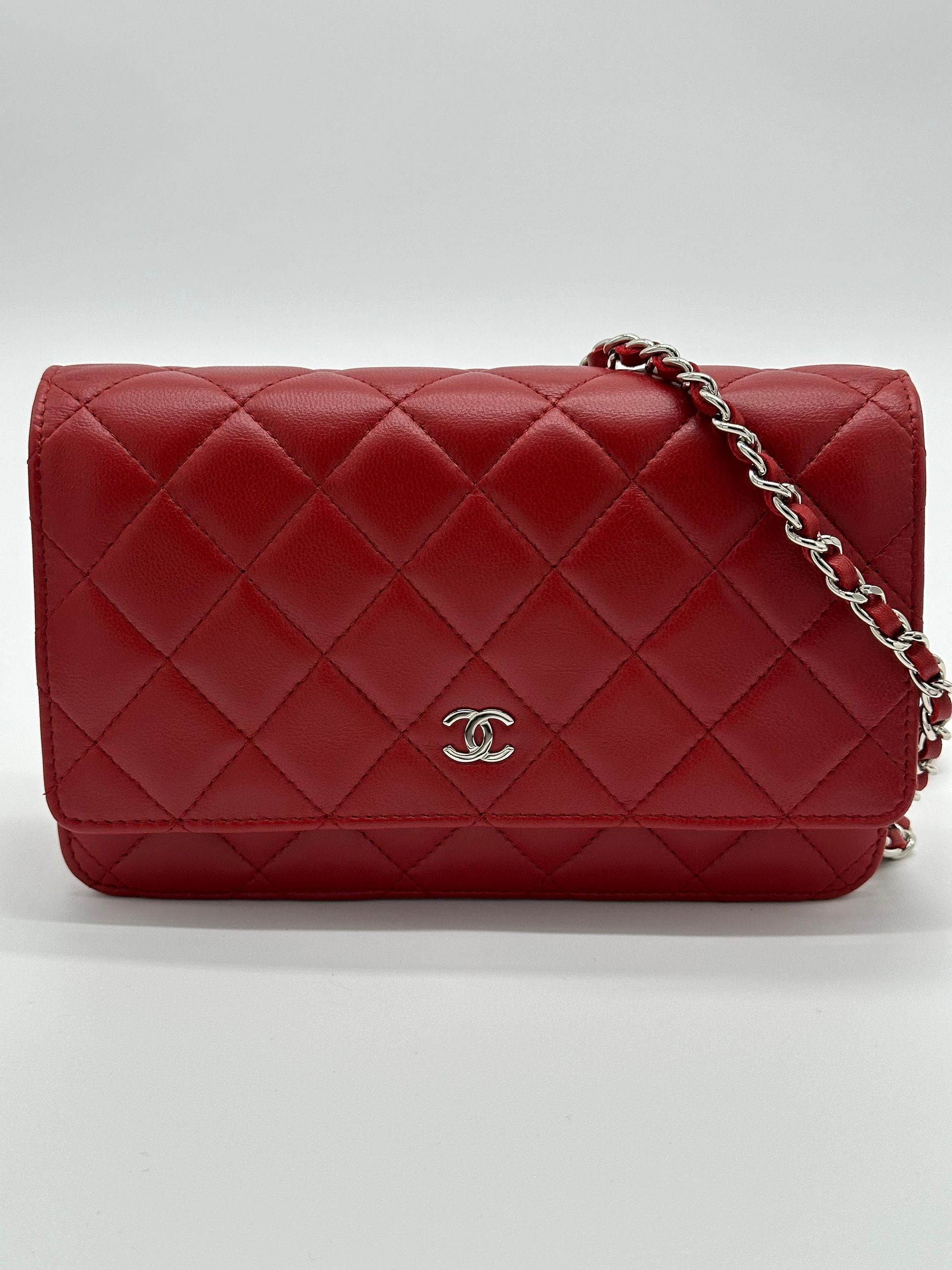 Chanel Lambskin Quilted Wallet On Chain (Red)
