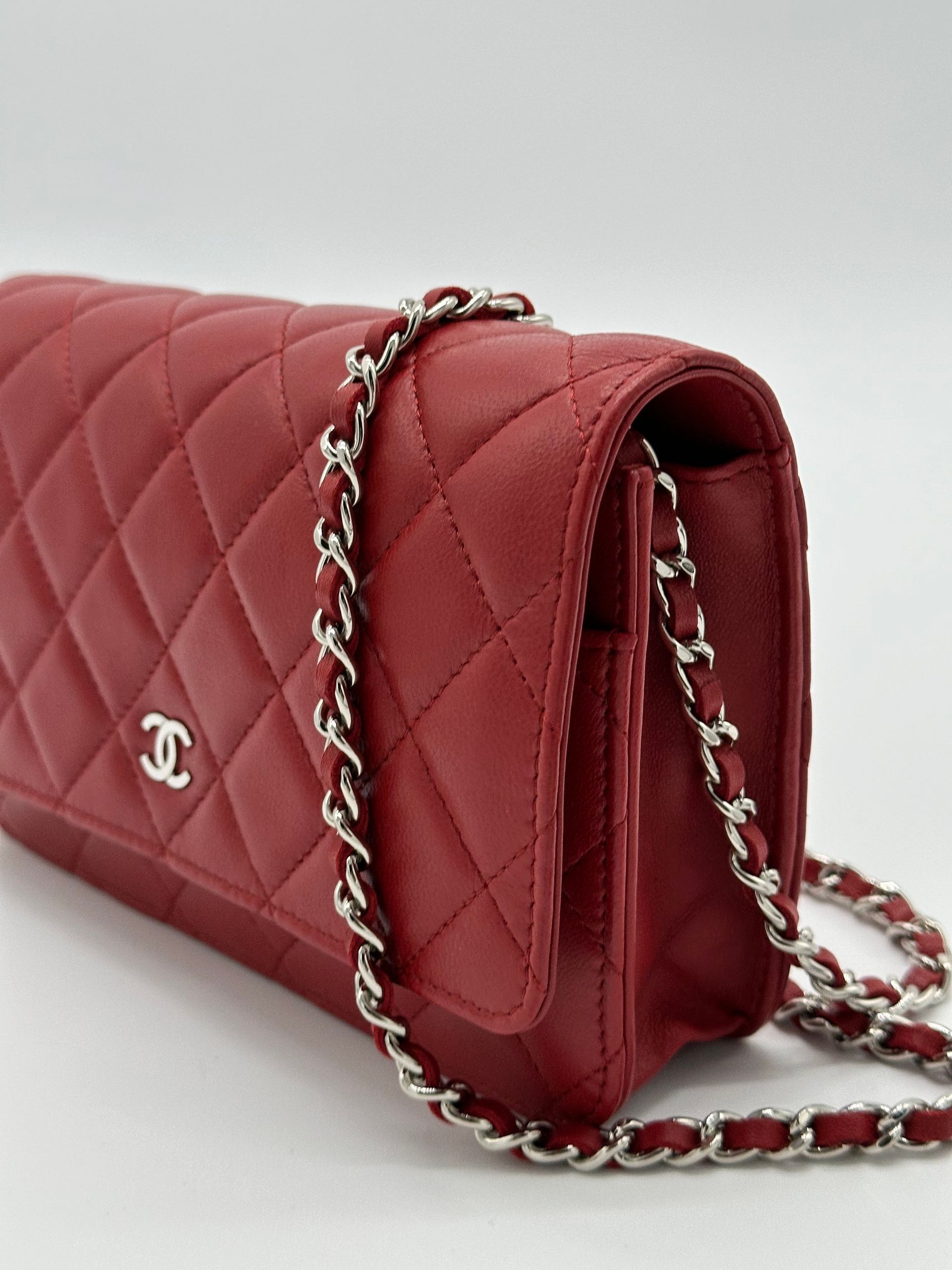 Chanel Lambskin Quilted Wallet On Chain (Red)