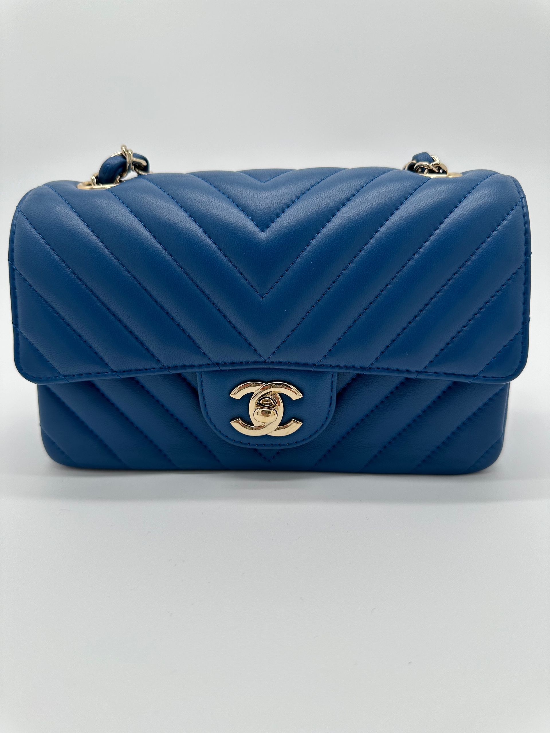 Chanel Lambskin Chevron Quilted  Mini Rectangular Flap (Blue)
