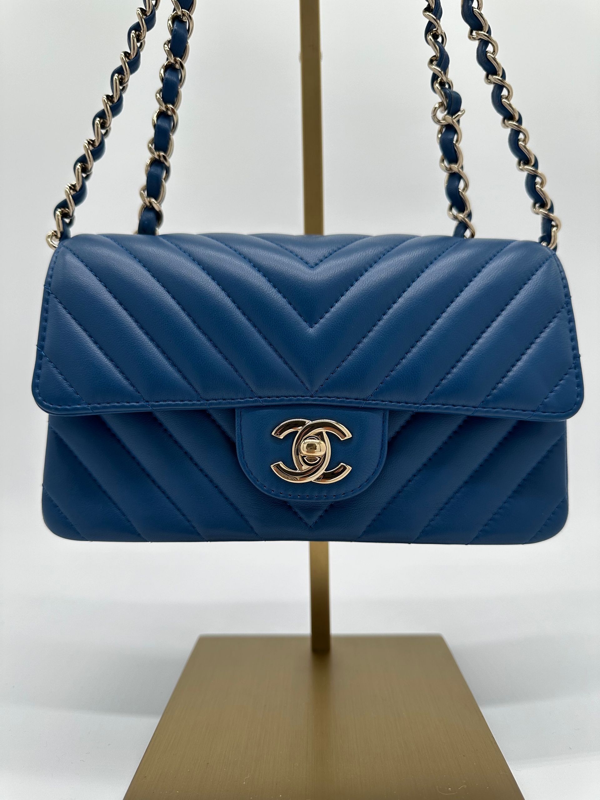 Chanel Lambskin Chevron Quilted  Mini Rectangular Flap (Blue)