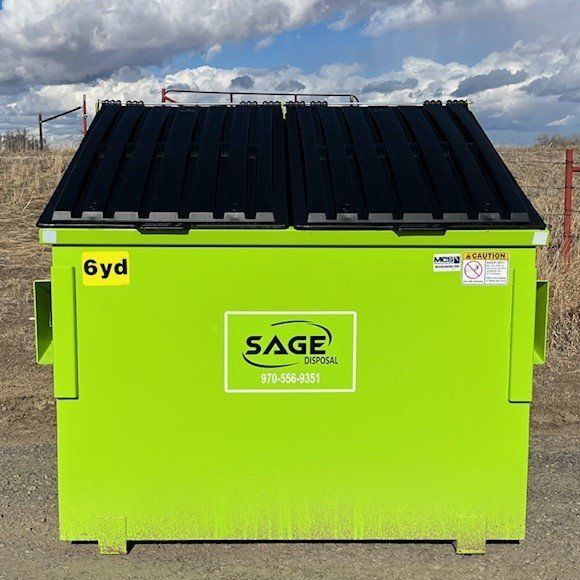 A green dumpster with the word sage on it