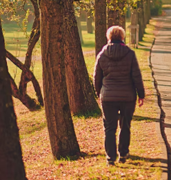Una mujer camina por un sendero en un parque con árboles; la luz del sol otoñal proyecta sombras.