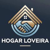 Logotipo: Techo dorado y apretón de manos sobre fondo azul, texto 