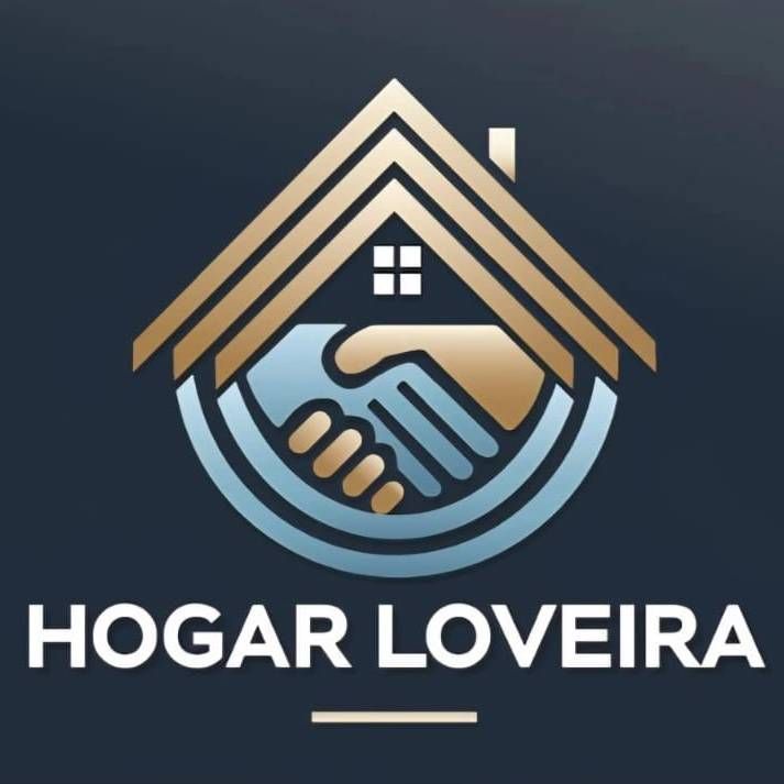 Logotipo: Techo dorado y apretón de manos sobre fondo azul, texto 