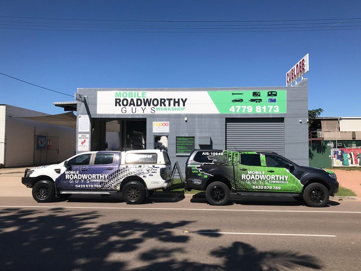 In Front Of Shop With Two Van — Mobile Roadworthy Guys Townsville in Aitkenvale, QLD