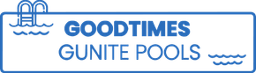 The logo for goodtimes gunite pools shows a swimming pool and the words `` goodtimes gunite pools ''.
