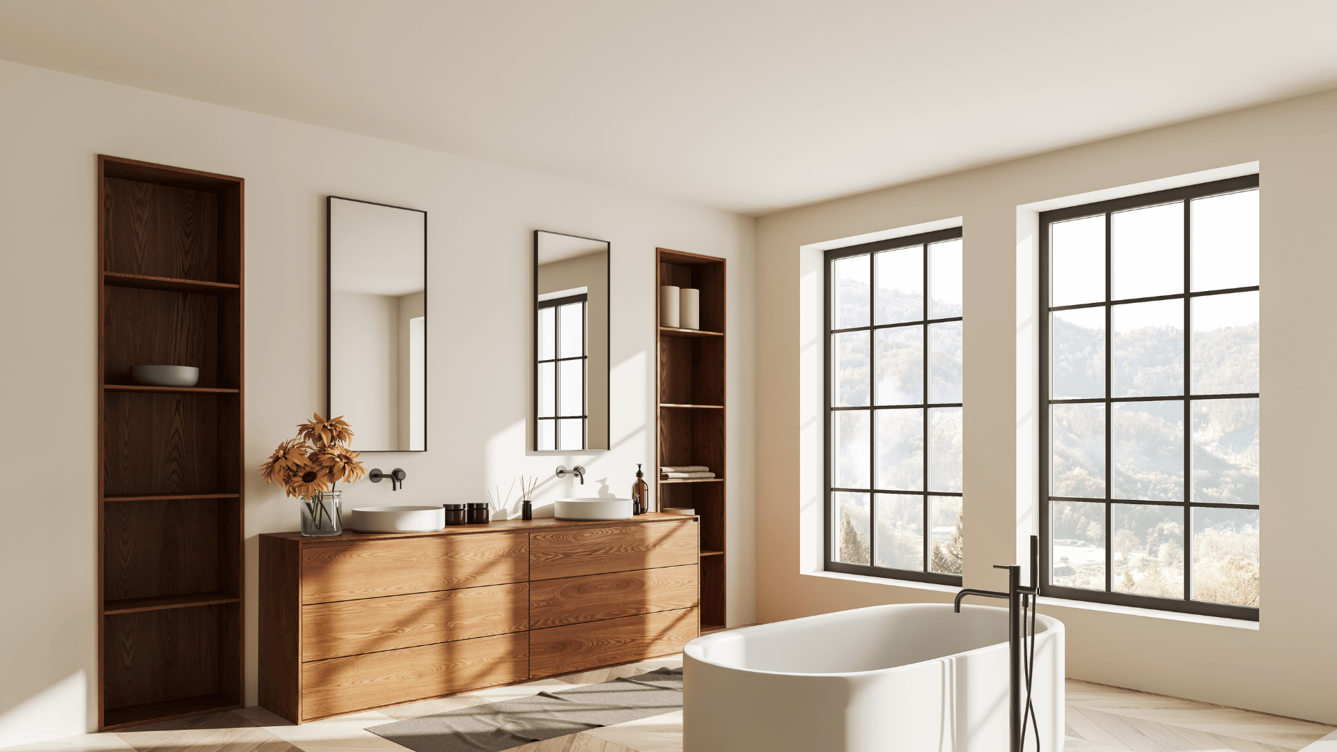 A bathroom with a bathtub , sinks , mirrors and windows.