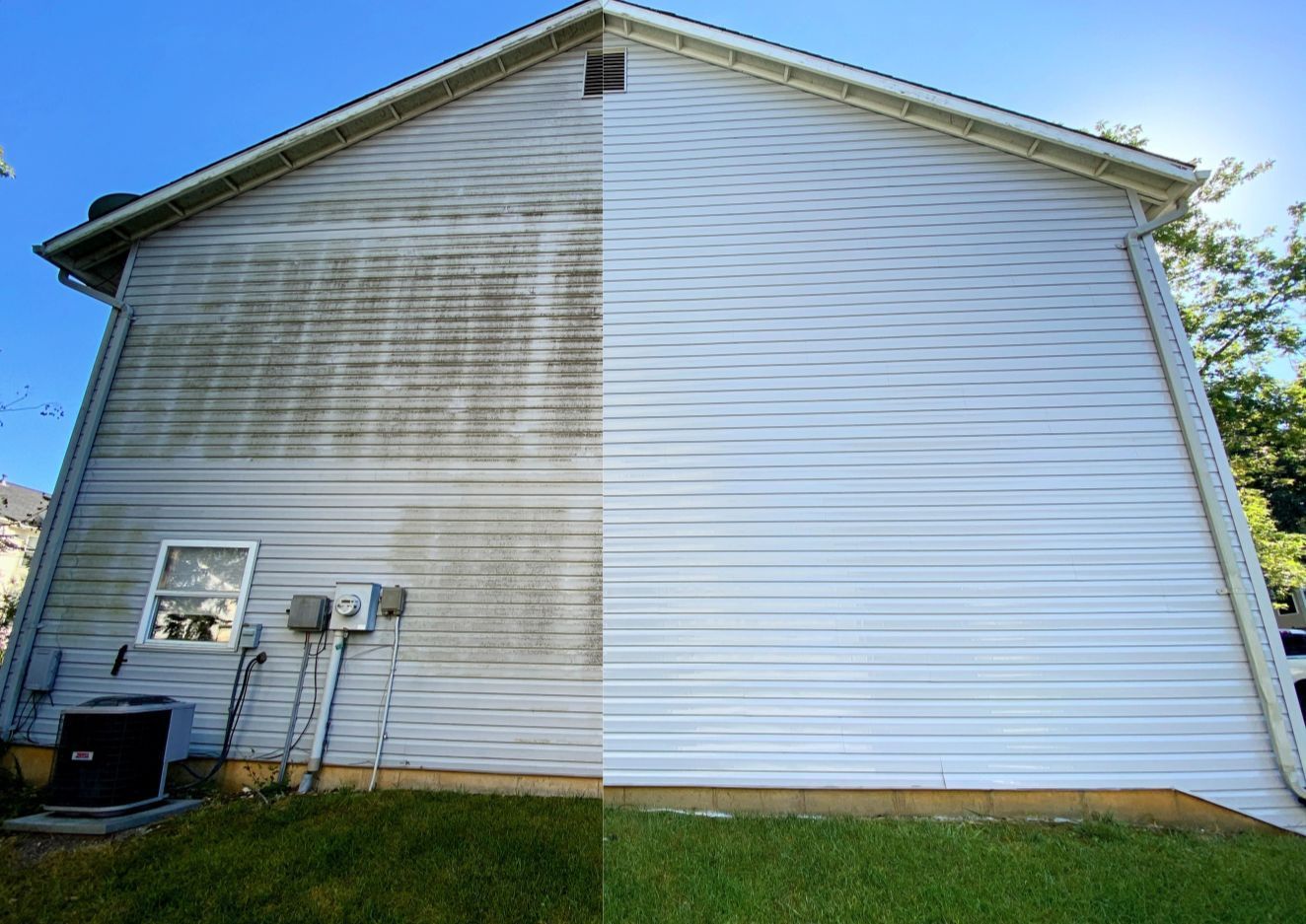 Comparison of dirty and clean vinyl siding on a house; green algae removed to reveal bright white.