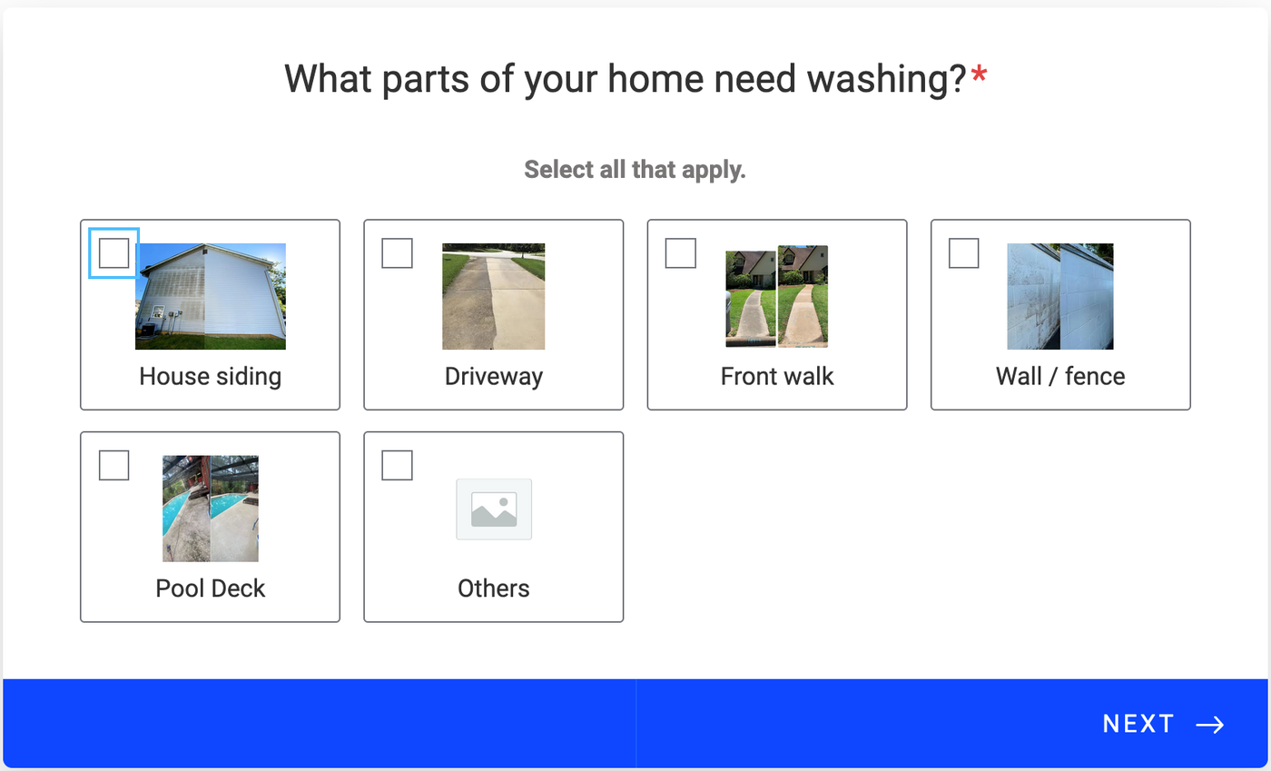 Survey asking what parts of a house need washing, with options: house, driveway, sidewalks, walls, and other.