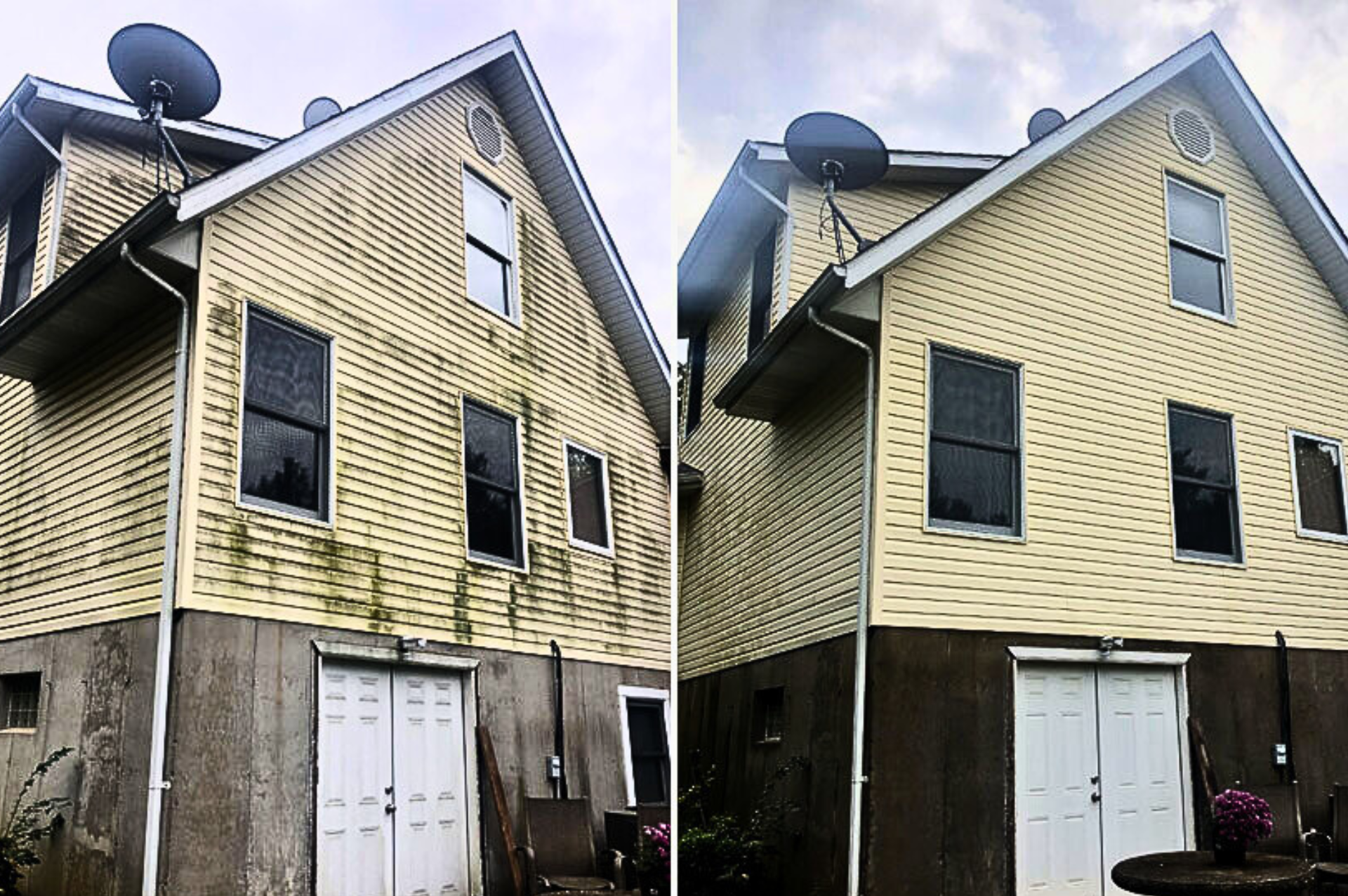 A before and after picture of a house wash